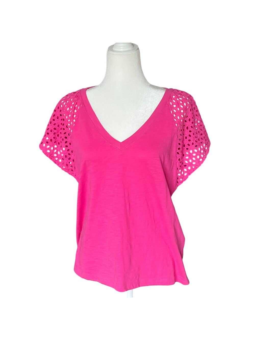 Jane + Delancey Hot Pink Eyelet Ruffle V-Neck Top Women's Size S Barbie Preppy